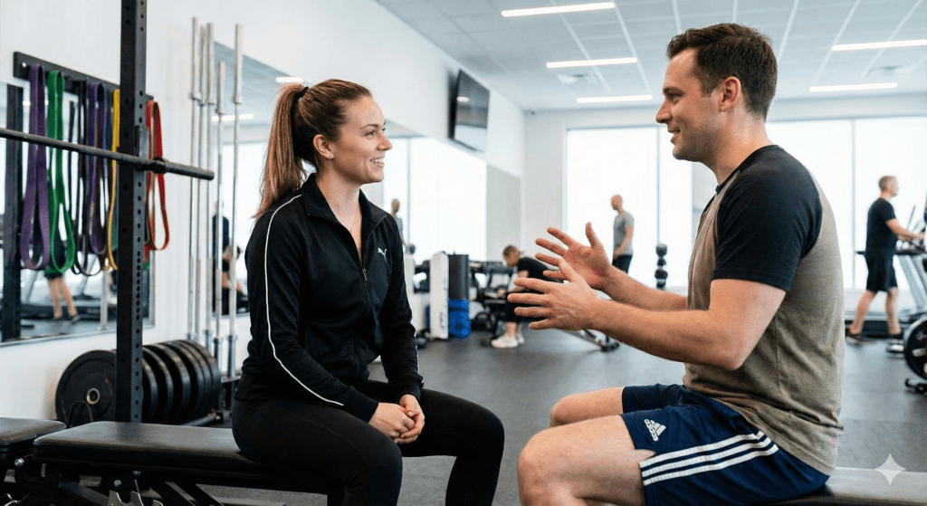 Trainer building a client relationship through discussion in the gym.
