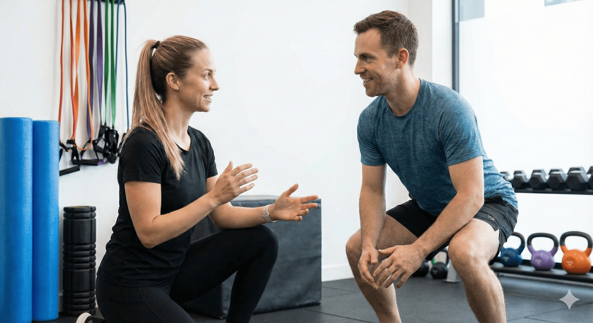Fitness trainer working and talking with client in the gym.