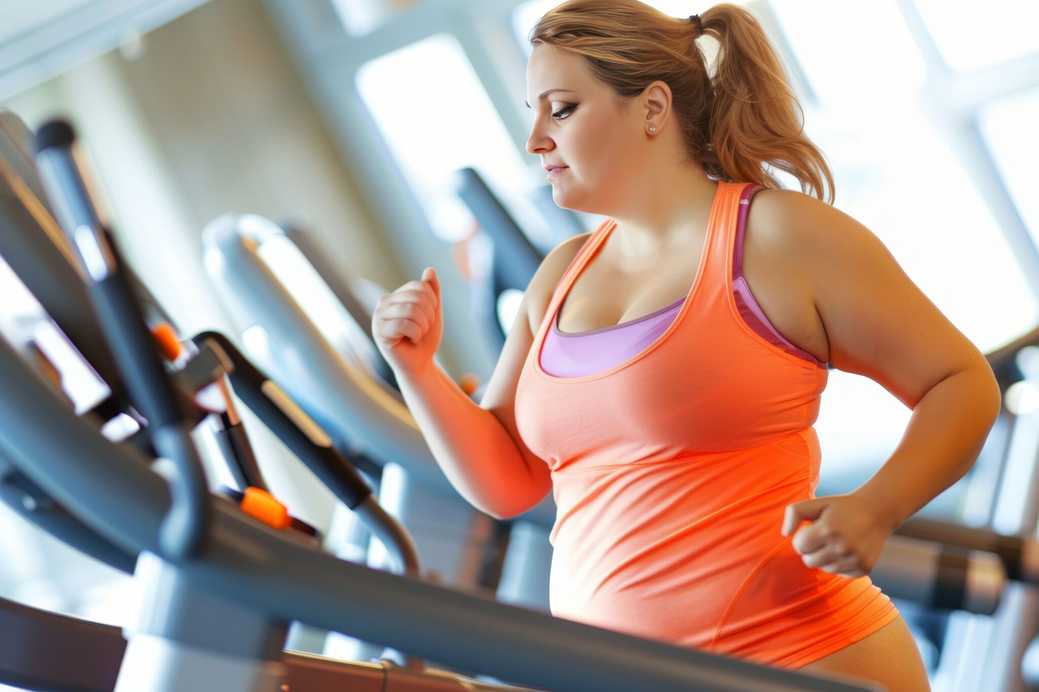 Woman running on treadmill for weight management